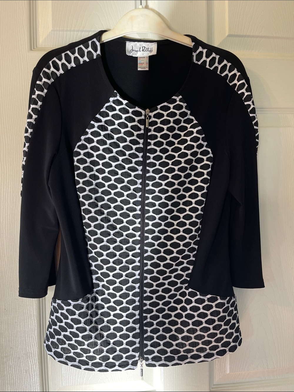 Joseph Ribkoff Black and White Zip-Front Patterned Blazer